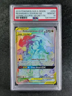 2019 Pokemon RESHIRAM & ZEKROM GX 259/236 Cosmic Eclipse Secret Rare ENG PSA 10 - Image 1
