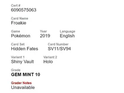 2019 Pokemon Hidden Fates Froakie SV11/SV94 Shiny Vault CGC 10 Gem Mint - Image 5