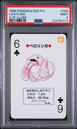 1996 POKEMON RED VERSION PLAYING CARDS 6 OF CLUBS #108 LICKITUNG PSA 9 - Image 1