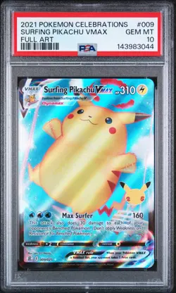 2021 POKEMON CELEBRATIONS #009 FULL ART/SURFING PIKACHU VMAX PSA 10 - Image 1