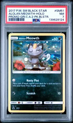 2017 POKEMON SM BLACK STAR PROMO #SM51 ALOLAN MEOWTH-HOLO PSA 7 - Image 1