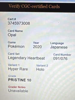 OPAL 2020 POKEMON LEGENDARY HEARTBEAT # 091 CGC 10 PRISTINE HYPER RARE HOLO - Image 3