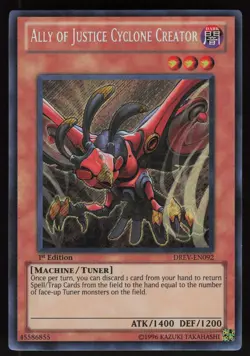 Ally of Justice Cyclone Creator DREV-EN092 Secret Rare 1st Edition Yu-Gi-Oh - Image 1