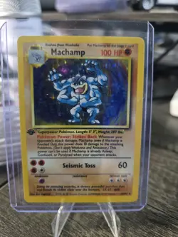 1999 1st edition Pokemon MACHAMP Card BASE Set 8/102 Holo Rare - Image 1