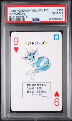 1998 POKEMON YELLOW VERSION PLAYING CARDS 9 OF HEARTS #134 VAPOREON PSA 10 - Image 1