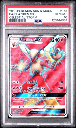 2018 POKEMON SUN & MOON CELESTIAL STORM #153 FULL ART/BLAZIKEN GX PSA 10 - Image 1