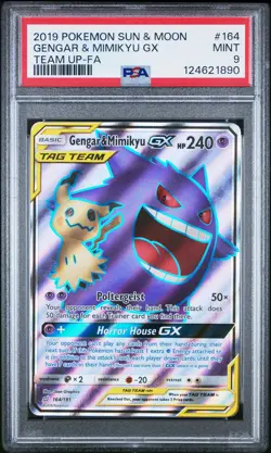 2019 POKEMON SUN & MOON TEAM UP #164 FULL ART/GENGAR & MIMIKYU GX PSA 9 - Image 1