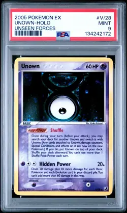 2005 POKEMON EX UNSEEN FORCES #V/28 UNOWN-HOLO PSA 9 - Image 1
