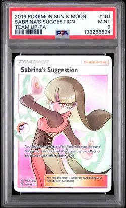 2019 POKEMON SUN & MOON TEAM UP #181 FULL ART/SABRINA'S SUGGESTION PSA 9 - Image 1