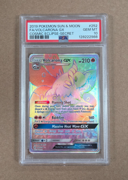 Pokemon Cosmic Eclipse Volcarona GX Rainbow Secret Rare Card 252/236 PSA 10 - Image 1