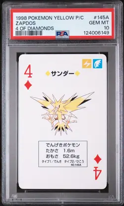 1998 POKEMON YELLOW VERSION PLAYING CARDS 4 OF DIAMONDS #145A ZAPDOS PSA 10 - Image 1