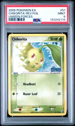 2005 POKEMON EX UNSEEN FORCES #51 CHIKORITA-REVERSE FOIL PSA 9 - Image 1