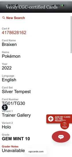 Pokemon Braixen Full Art Holo #TG01/TG30 Silver Tempest 2022 - CGC 10 Gem Mint - Image 2