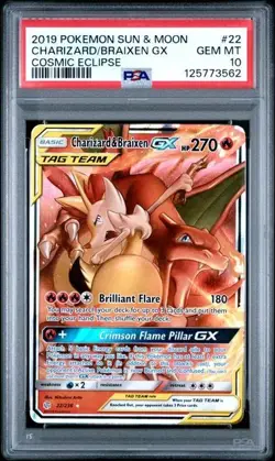 2019 Cosmic Eclipse CHarizard & Braixen GX Tag Team Card 22/236 Graded PSA 10 - Image 1