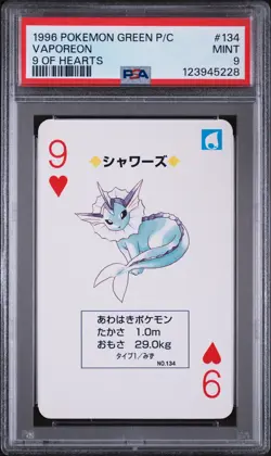 1996 POKEMON GREEN VERSION PLAYING CARDS 9 OF HEARTS #134 VAPOREON PSA 9 - Image 1