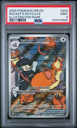 2025 POKEMON DESTINED RIVALS ILLUSTRATION RARE #202 TEAM ROCKET'S RATICATE PSA 9 - Image 1