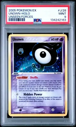 2005 POKEMON EX UNSEEN FORCES #J/28 UNOWN-HOLO PSA 9 - Image 1