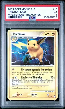 2007 POKEMON DIAMOND & PEARL MYSTERIOUS TREASURES #15 RAICHU-HOLO PSA 5 - Image 1