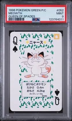 1996 POKEMON GREEN VERSION PLAYING CARDS QUEEN OF SPADES #052 MEOWTH PSA 9 - Image 1