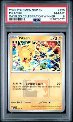 2025 POKEMON SVP PROMO WORLDS CELEBRATION TOURNAMENT WINNER #225 PIKACHU PSA 8 - Image 1