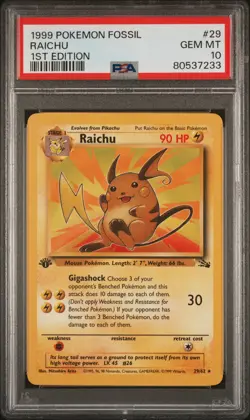 1999 POKEMON FOSSIL 1ST EDITION #29 RAICHU PSA 10 - Image 1