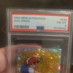 1999 Ash Ketchum Prism Holo PSA 8 Merlin Sticker #S26 Pokemon - Image 4