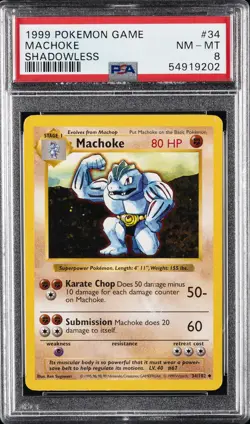 1999 POKEMON BASE SET SHADOWLESS #34 MACHOKE PSA 8 - Image 1