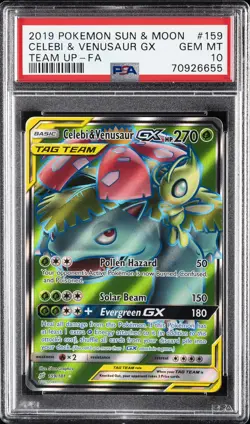 2019 POKEMON SUN & MOON TEAM UP #159 FULL ART/CELEBI & VENUSAUR GX PSA 10 - Image 1