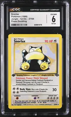 CGC 6 Press Doubling Error Snorlax 1999 Jungle 1st Edition 27/64 Pokemon Card - Image 1