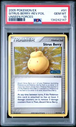 2005 POKEMON EX UNSEEN FORCES #91 SITRUS BERRY-REVERSE FOIL PSA 10 - Image 1