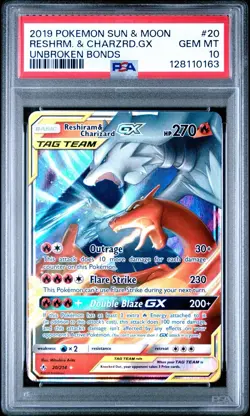 2019 POKEMON SUN & MOON UNBROKEN BONDS #20 RESHIRAM & CHARIZARD GX PSA 10 - Image 1
