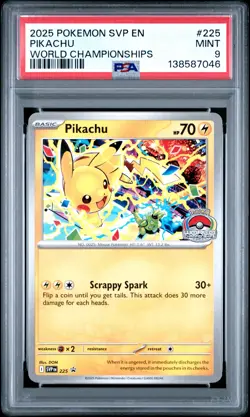 2025 POKEMON SVP EN-SV BLACK STAR PROMO WORLD CHAMPIONSHIPS #225 PIKACHU PSA 9 - Image 1