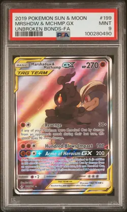 2019 POKEMON SUN & MOON UNBROKEN BONDS FULL ART/MARSHADOW & MACHAMP GX PSA 9 - Image 1