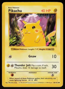 Pikachu 58/102 Common Shadowless RED CHEEKS Base Set Unlimited Pokemon - Image 1