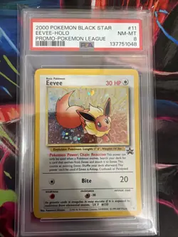 2000 Pokemon Eevee Holo W/ SWIRL BLACK STAR Promo Pokemon League #11 PSA 8 - Image 1