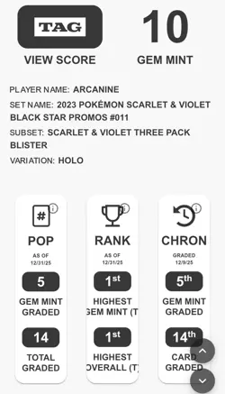💎 ARCANINE TAG 10 GEM MINT Pokemon English SV Promo Pack Holo #011 black star - Image 3
