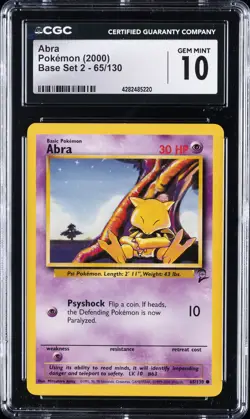 2000 POKEMON BASE SET 2 #65 ABRA CGC 10 GEM MINT - Image 1