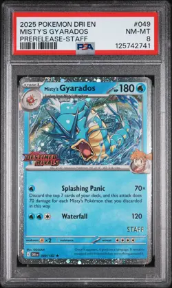 2025 POKEMON DRI EN-DESTINED RIVALS PRERELEASE-STAFF #049 MISTY'S GYARADOS PSA 8 - Image 1