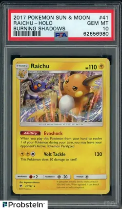 2017 Pokemon Sun & Moon Burning Shadows #41 Raichu Holo PSA 10 GEM MINT POP 49 - Image 1