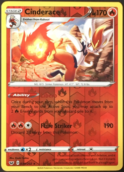 Cinderace 034/202 Sword & Shield Base Set Pokemon Reverse Holo Foil Nice! - Image 1