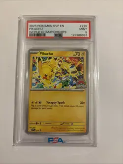 2025 POKEMON SVP EN-SV BLACK STAR PROMO WORLD CHAMPIONSHIPS #225 PIKACHU PSA 9 - Image 1