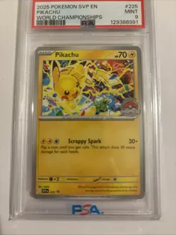 2025 POKEMON SVP EN-SV BLACK STAR PROMO WORLD CHAMPIONSHIPS #225 PIKACHU PSA 9 - Image 3