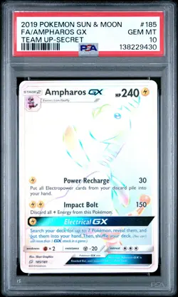 2019 POKEMON SUN & MOON TEAM UP SECRET #185 FULL ART/AMPHAROS GX PSA 10 - Image 1