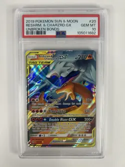 2019 POKEMON SUN & MOON UNBROKEN BONDS #20 RESHIRAM & CHARIZARD GX PSA 10 - Image 1