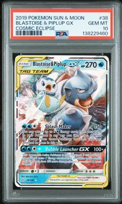 2019 Pokemon Sun & Moon Cosmic Eclipse Blastoise & Piplup GX Tag Team PSA 10 - Image 1