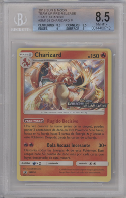 BGS 8.5 NM-MT+ 2019 Pokemon S&M Team Up Charizard Spanish Pre Release Staff - Image 1