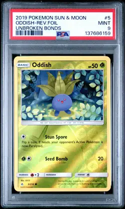 2019 POKEMON SUN & MOON UNBROKEN BONDS #5 ODDISH-REVERSE FOIL PSA 9 - Image 1