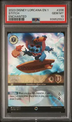 Disney Lorcana PSA 10 Stitch Carefree Surfer Enchanted 206/204 First Chapter EN1 - Image 1