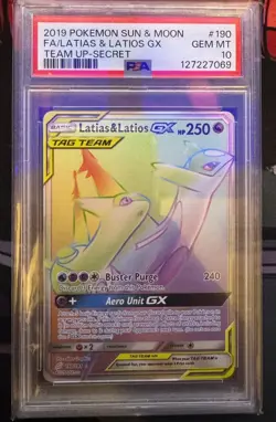 2019 POKEMON SUN & MOON TEAM UP #190 LATIAS & LATIOS GX FA PSA 10 GEM MINT - Image 1