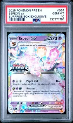 Pokemon Prismatic Evolutions Espeon ex 034/131 Surprise Box Stamped - PSA 10 - Image 1